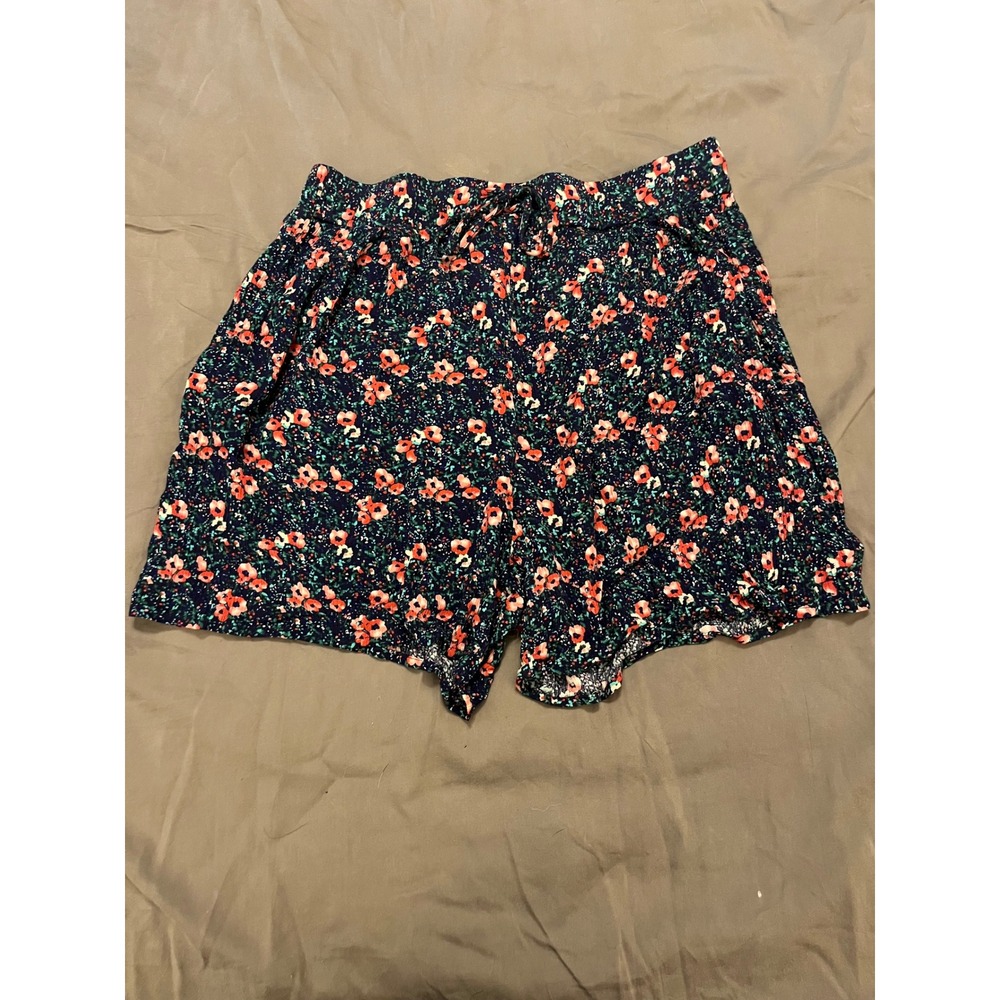 West Loop Womens Floral Print Rayon Shorts Navy Blue Coral Elastic Waist L/XL‎